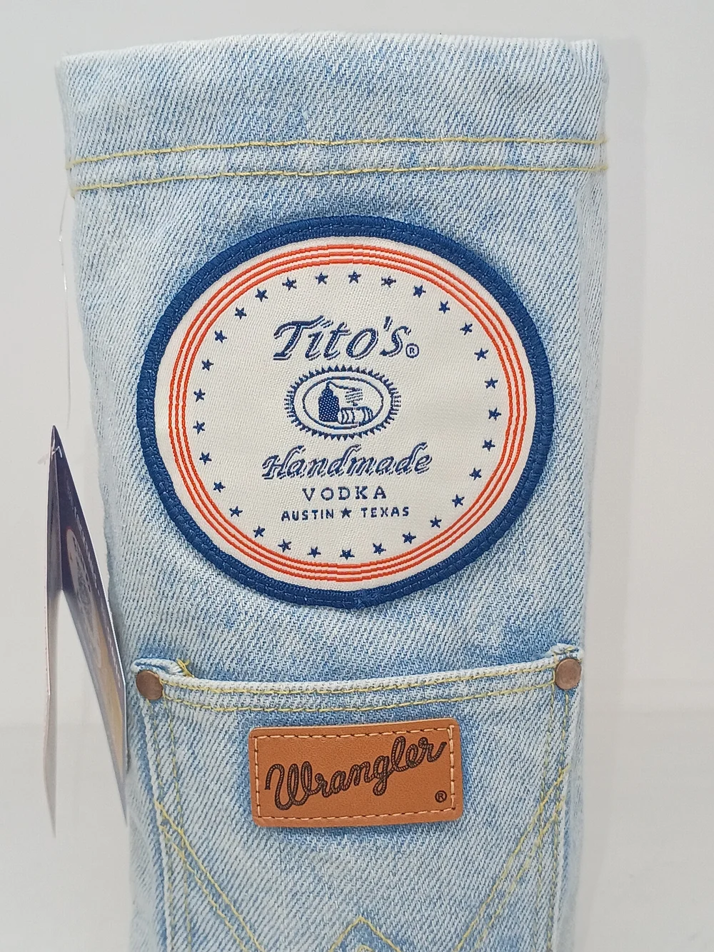 Wrangler Light Blue Denim Bottle Holder with Tito's Patch And Drawstring